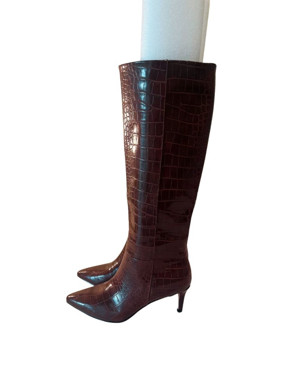 Crocodile Croc Embossed Faux Leather Knee High Brown Cognac Kitten Heel Boots